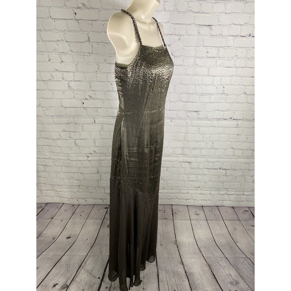 Cache Beaded Olive Green Metallic Semi Sheer Lined Body Con Prom Dress 6 - Picture 2 of 15